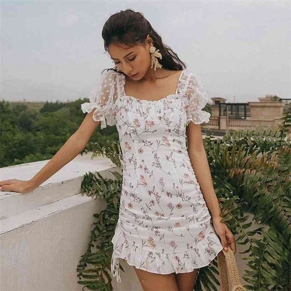 Estampado de flores Lunares Blanco Boho Vestido de verano Mujer Manga de malla Volantes Fruncido Bodycon Mini Off Hombro 210427