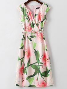 Robe trapèze à imprimé floral pour femmes, sans manches, col en v, avec ceinture