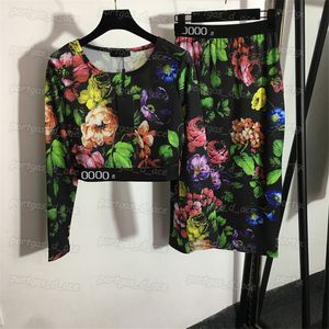 Estampado de flores Camisetas de mujer Falda Vintage Manga larga Tops Correas Letras Falda media para mujer