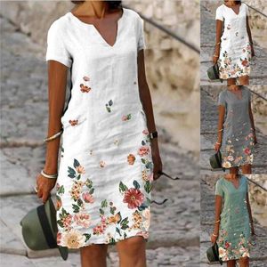 Robe midi en coton imprimé fleuri et lin à manches courtes et col en V