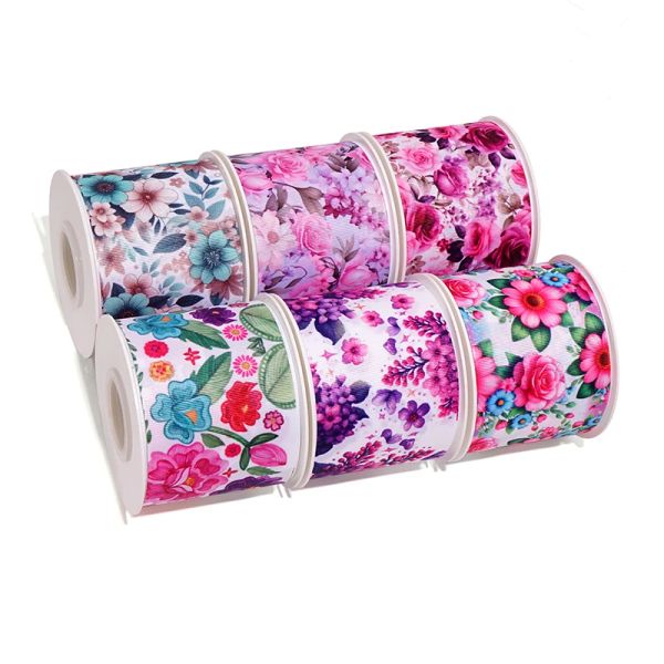 Cintas de grosgrain estampados con flores para arcos para el cabello, materiales hechos a mano de bricolaje, 5 yardas, 90289