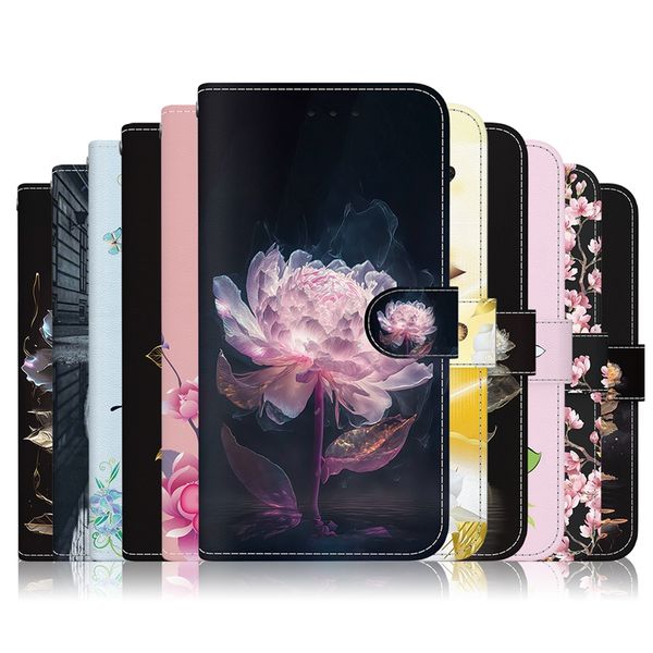 Étuis portefeuille en cuir PU à fleurs pour Motorola Moto G84 G54 Edge 40 Neo Samsung A05 A05S A15 Huawei Honor X5 Plus X6A Xiaomi 13T Pro Butterfly Sakura Holder Flip Cover Pouch