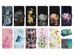 Étuis portefeuille en cuir PU à fleurs pour Samsung S23 FE Ultra S22 Plus M34 A25 M54 M14 A24 A04E A54 A34 imprimé papillon Sakura Blossom Lily porte-carte d'identité pochette à rabat