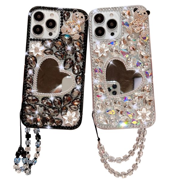 Flower Rhineston Étuis de téléphone Sweetheart Mirror Couverture d'iPhone de luxe Bracelet anti-chute pour iPhone 15 Pro Max Ultra 14 13 12 Housses de protection Defender Design haut de gamme