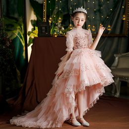 Flower Rise Gold Sequins Appliques Kids Teens Petit Girl Girl Toddler Pageant Robes Birthday Party Robe For Wedding Lace Tutu Tutu à manches longues Cooktail Usure 403