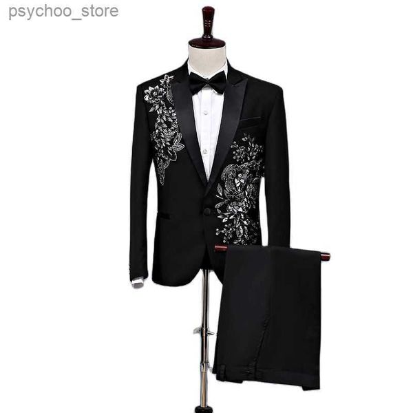 Fleur Paillettes Costume Noir Blazer pour Hommes Fête De Mariage Marié Scène De Bal Vêtements Peak Revers Bouton Unique Blazer Pantalon 2pcs Ensemble Q230828