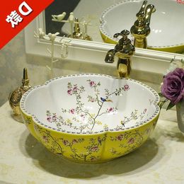 Lavabo de cerámica hecho a mano artístico de China con forma de flor Lavabo de encimera de cerámica Lavabos de baño fregadero europeo buena cantidad Jvgku