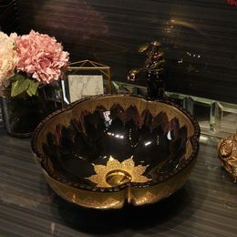 Forme de fleur Chine Porcelaine Artistique À La Main Lavabo Salle De Bains Lavabo Lavabos En Céramique Lavabo Comptoir Blackgood Qté Njeuh