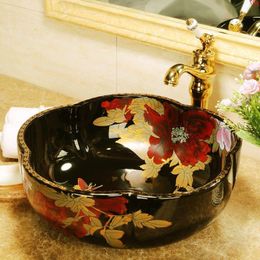Forme de fleur Chine lavabo en céramique Lavabo fait à la main Europe luxueux évier de salle de bains artistique lavabo en céramique chinois lavabosbonne quantité Arkdp