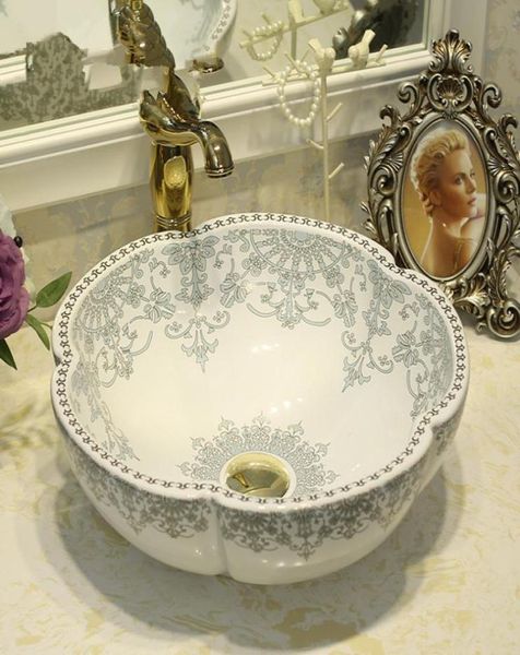 Fregadero de lavabo de estilo Vintage de China con forma de flor, fregadero de cerámica hecho a mano para baño, cuencos de cerámica, fregadero Vanities6332149