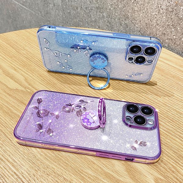 Flower Soft TPU Metal Finger Ring Holder Cases para Iphone 15 Pro Max 14 Plus 13 12 11 8 7 6 X XR XS Diamond Bling Glitter Cromado Metálico Plating Gradient Kickstand Cover