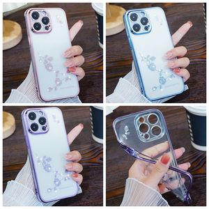 Étuis de placage en TPU souple à fleurs pour iPhone 15 Pro Max 14 Plus 13 12 11 8 7 6 X XR XS Chromé Métallique Diamant Bling Rose Or Violet Bleu Femmes Luxe Téléphone Couverture Arrière Peau