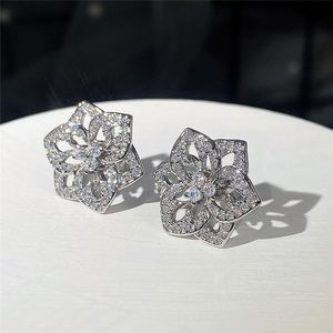 Flower Stud Earring AAAAA ZIRCON WIT GOUD Gevulde sieraden Betrokkenheid Weddingoorringen voor vrouwen BRIDAL VERJAARDAGSPARTY Bijou