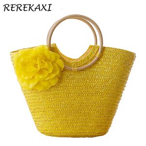 Fleur Sac de plage Sac de blé Polonais Femme Femme Bohemian Tricoter Paille de paille haute capacité Femelle Top Handle 240329