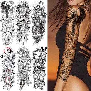 Flower Temporary Tattoo Sleeve for Women Men, Full Arm Demon Wings Tattoos Sticker, Fake Black Skull God Tatoos Shoulder