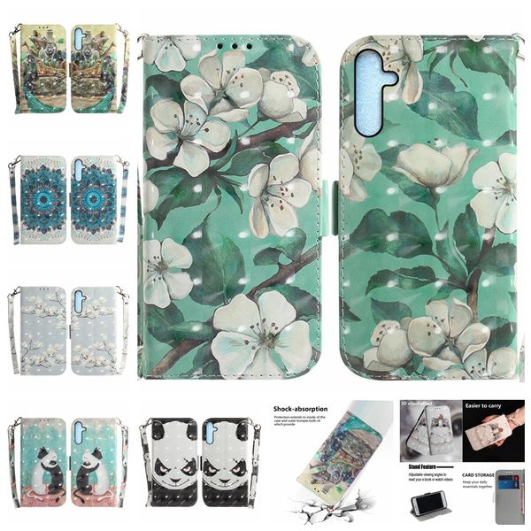 Estuches de billetera de cuero con flores en 3D para Samsung A34 5G A54 A04E A24 4G Motorola MOTO G73 G13 G23 G53 E13 Tiger Animal Cartoon Cat Panda Leopard Card ID Holder Flip Cover Pouch