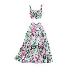 Fleur deux pièces ensembles femmes robe costumes Sexy culture hauts plissés Maxi jupes longues été 2 pièces tenues 240321