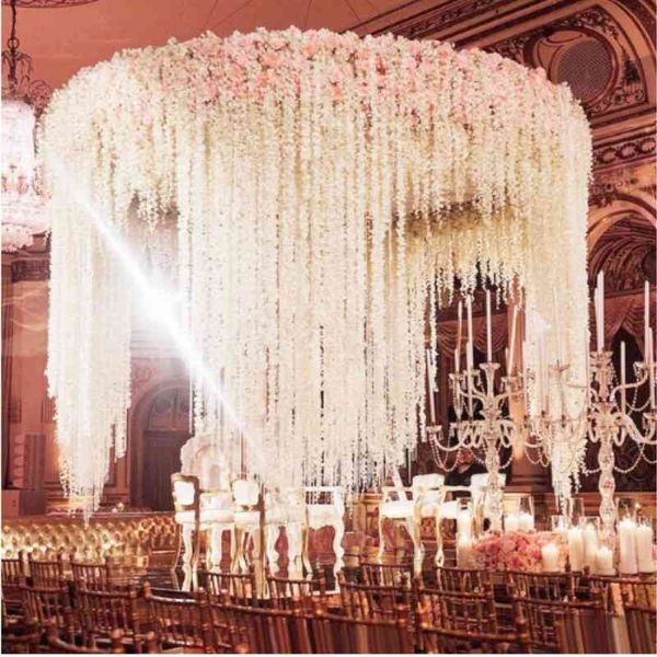 Flor Diseño único Boda Telón de fondo Decoración Orquídea Flor Seda Wisteria Vine Blanco Guirnaldas artificiales Disparos Foto Props 20pcs CX220210