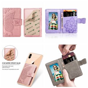 Fleur Universel Retour Téléphone Fente Pour Carte Cas 3M Autocollant En Cuir Bâton Sur Portefeuille Cash ID Titulaire De La Carte De Crédit Papillon Pour iPhone 14 13 12 11 XR XS MAX Note 20 S21 S22 A03S