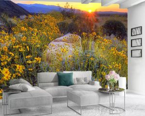 Papier peint à fleurs sur le mur Paysage romantique 3d Fond d'écran mural Coucher de soleil Fleur Paysage 3D Photo Fond d'écran personnalisé Home Decor