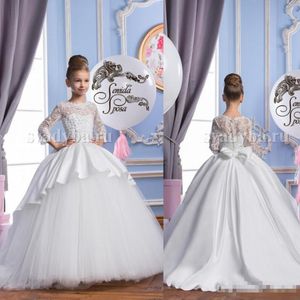 Robes à fleurs blanches pour filles, manches longues, col en bijoux, en Satin et Tulle, avec des appliques de perles, avec nœud, robe de soirée de concours, sur mesure