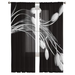 Fleur blanc tulipe noire en tulle rideaux pour chambre de salon