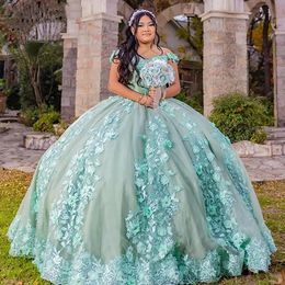 Bloemen 3d mint groen van de schouder quinceanera jurk baljurk appliques kanten prinses zoet 15 16 formeel verjaardagsfeestje slijtage