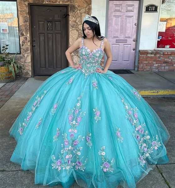 Fleurs bleu rose manque Spaghetti Quinceanera douce 16 robes robe De Bal princesse robes d'anniversaire à lacets robes De Bal s