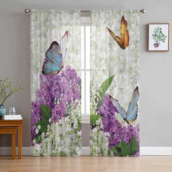 Rideaux transparents en mousseline de soie, Bouquet de fleurs et papillons, pour salon, chambre à coucher, traitement de fenêtre, cuisine, 240109