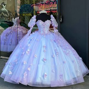 Bloemen Jurken Lila Prinses Lavendel 3D Afneembare Mouw Kristal Kralen Kant-Up Corset Vestidos De Quinceanera