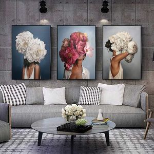 Toile de peinture abstraite avec fleurs et plumes de femme, affiche d'art murale imprimée, peinture décorative, salon, décoration de la maison, 243S