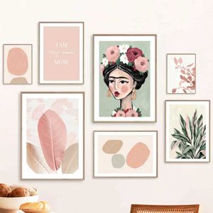 Bloemen Girls Geometrische kleurblokken Roze groene abstracte poster afdrukken Wallpaper Art Painting Canvas Living Room Home Decoratie J240505