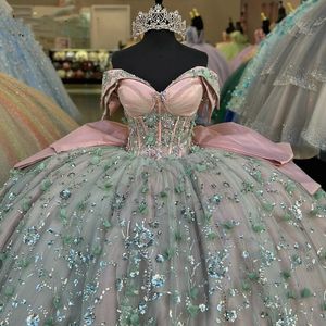 Bloemen prachtige boog 3d quinceanera jurken baljurk van de schouder lovertjes lovert kanten kralen zoet 15 Vestidos de xv anos