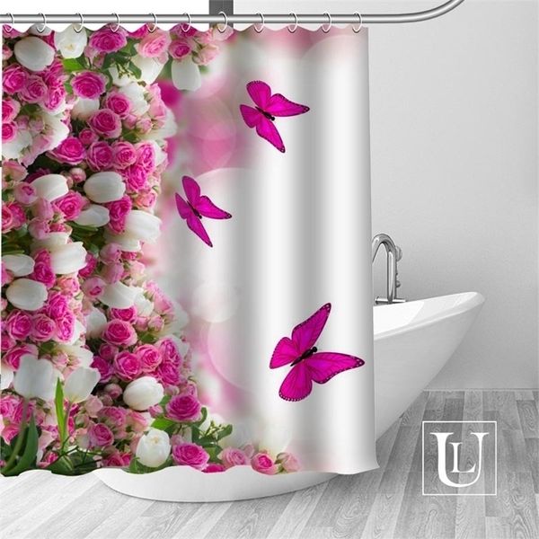 Flores hierba mariposa cortinas de ducha baño personalizado tela impermeable poliéster de alta calidad T200711