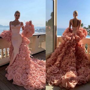 Bloemen zeemeermin elegant prom jurken luxueuze backless sweep vloertrein ocn jurk aso ebi avondjurken