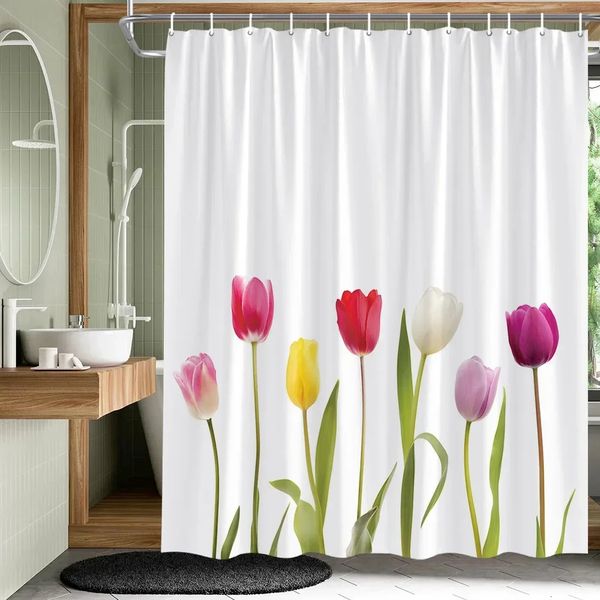 Flores Planta Cortinas de ducha Jardín Rosa Floral Pájaro Tambor Torre Tela Decoración de baño Baño de partición resistente a salpicaduras 240328