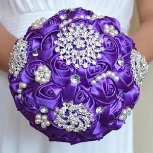 Fleurs Violet Soie Rose Bouquet De Mariée Accessoires De Mariage Broche Cristal Perle Bouquet De Mariage Fait À La Main Tenant Des Fleurs choisir la couleur