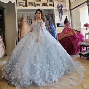 Fleurs bleu ciel Quinceanera robes 2023 robe de bal hors épaule paillettes perles gonflées fête princesse douce 16 robe de bal robes de 15 ans