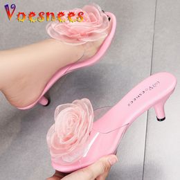 Flowers Slippers Surface Sandals Silk Summer Beach Transparent Thin High Low Heels Crystal Party Pink Women Shoes 230808 333