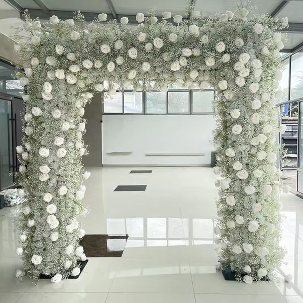 flores con soporte) Puerta de entrada de boda de alta calidad imitación de flor de cerezo blanco arco de flores telón de fondo Flor de seda Camino de mesa de flores de boda