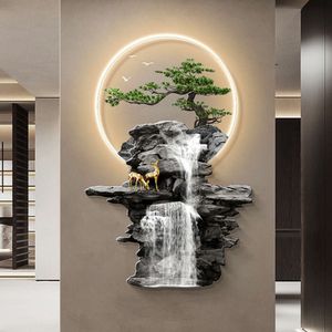 Stromend water brengt rijkdom naar de ingang met verlichting Nieuwe elandengang in Chinese stijl, hangend schilderij Gasten verwelkomen Grenen Gloeiende wanddecoratie