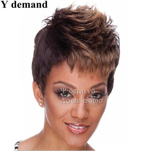 Fluffy 4 couleurs courte mode ombre perruque droite pixie coupé cheveux synthétique full afro perruques pour les femmes noires en stock à haute température fibrefact