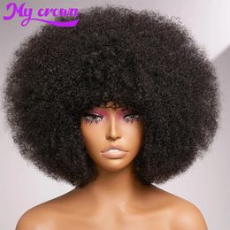Peluca de cabello humano rizado afro rizado esponjoso con pelucas de bob cortas naturales de Bang 70s para mujeres negras 180% densidad completa 240408