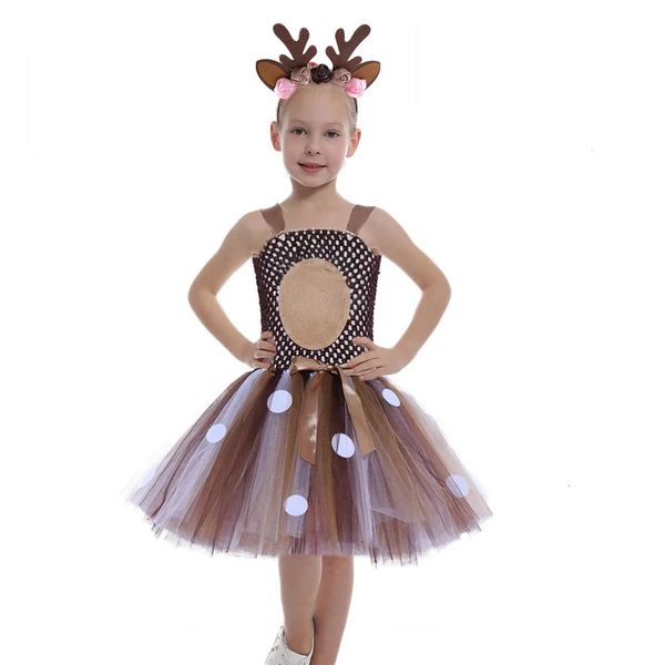 Fluffy Brown Cerf Filles Tutu Robe Costume De Noël Enfants Renne Tulle Robe pour Carnaval Robes De Fête Enfants Tenue De Noël 240109