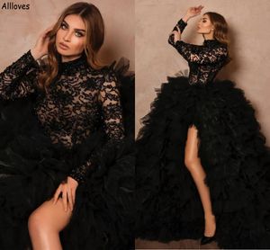 Fluffy Cascading Ruffles Robes De Soirée Noires À Manches Longues Col Haut Dentelle Perlée À Plusieurs Niveaux Tulle Robes De Bal Sexy Cuisse Split Formelle Robe De Tapis De Célébrité CL2220