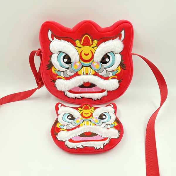 Fluffy Chinese Spring Festival Dancing Lion Porte-monnaie Téléphone portable Sac d'emballage en coton polypropylène Sac de rangement porte-bonheur du Nouvel An Mini bandoulière