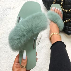 Fluffy Flip Flops Véritable Fourrure De Lapin Pantoufles Fourrure De Fourrure Diapositives Cross Strap Transparent Sandales Plates Bout Carré Femmes Chaussures De Mode H0914