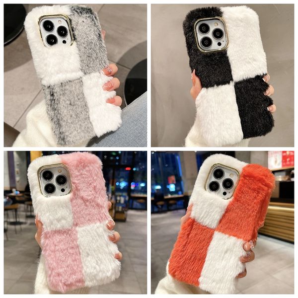 Étuis de couleur hybride floue en fourrure moelleuse pour iPhone 15 14 Pro Max 13 12 11 X XS XR 8 7 Plus I15 Mode Cheveux Peluche Doux TPU Fille Dame Femmes Chromé Métallique Téléphone Couverture Arrière Peau