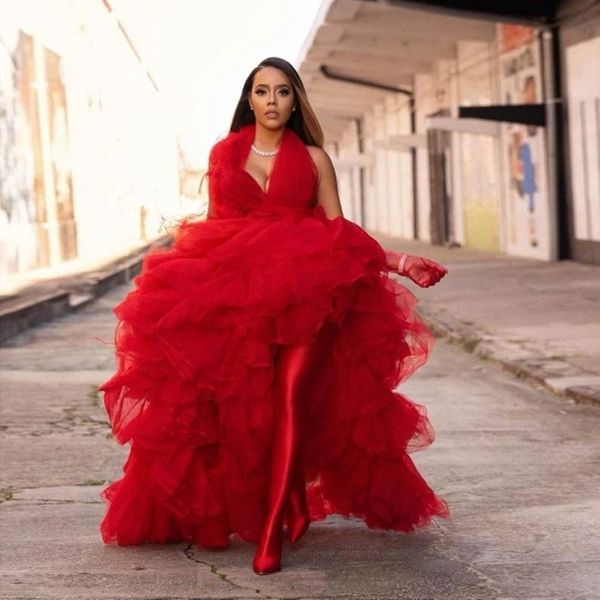 Vestidos de fiesta de mujer en capas mullidas con cuello Halter y espalda descubierta, vestido de fiesta alto y bajo, vestido de fiesta largo por delante, corto y trasero, vestido largo rojo