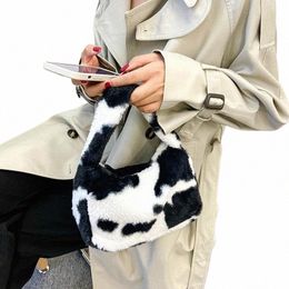 Mini sac à main moelleux pour femmes et filles, sac à main en peluche portable, pochettes d'épaule d'automne et d'hiver, sacs de voyage de rue imprimés d'animaux rétro w8IW #